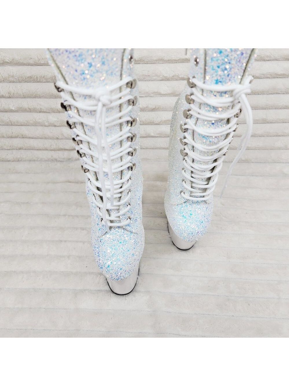White Ice UV Glitter 8" Platform Heel Ankle Boots Flamingo - Picture 6 of 12